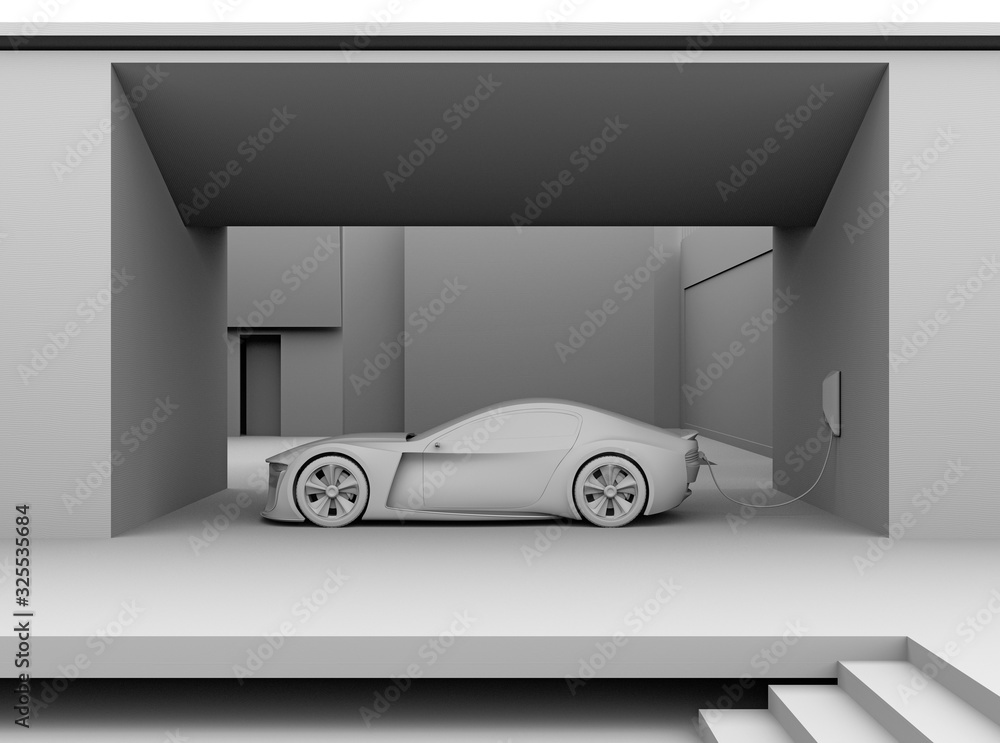 电动跑车粘土渲染连接家中电源。可持续的生活方式理念