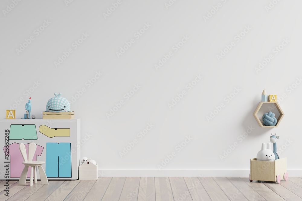 Mock up in childrens playroom with cabinet and table sitting doll on empty white wall background.