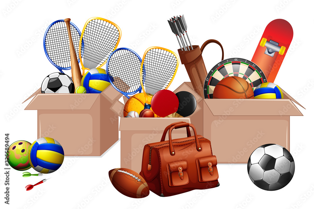 Three boxes full of sport equipments on white background