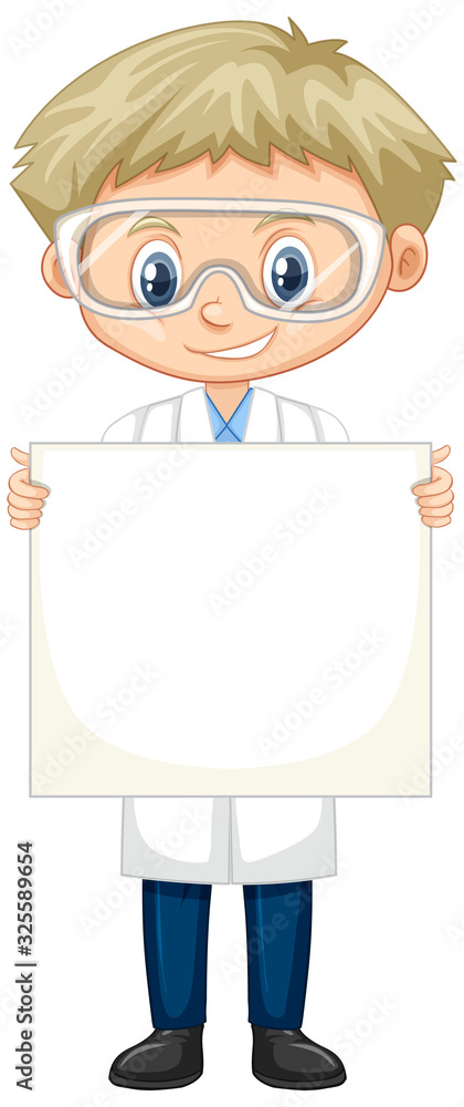 Boy wearing lab gown on white background