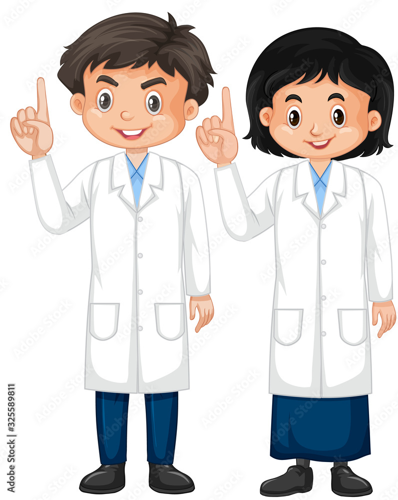 Boy wearing lab gown on white background