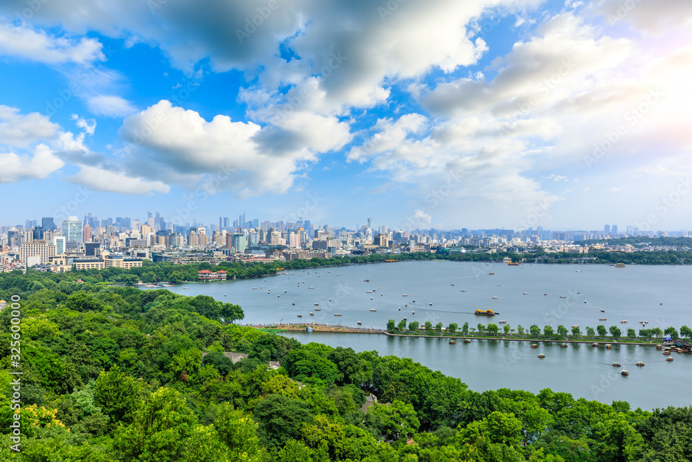 City skyline and West Lake scenery in Hangzhou,China.