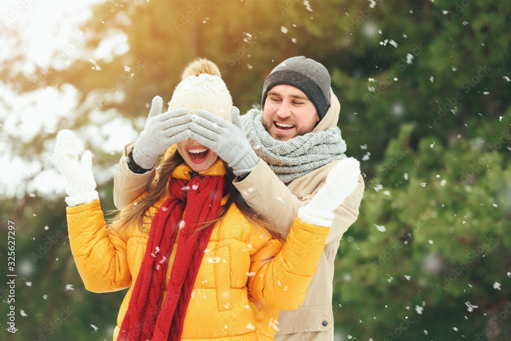 Happy young couple in park on winter day