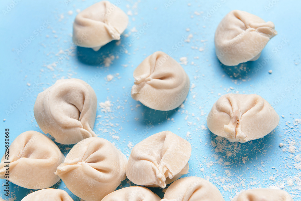 Raw fresh dumplings on color background