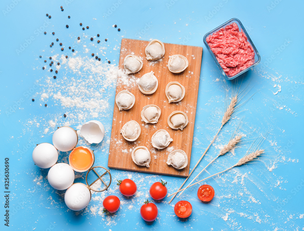 Raw fresh dumplings with eggs and tomatoes on color background