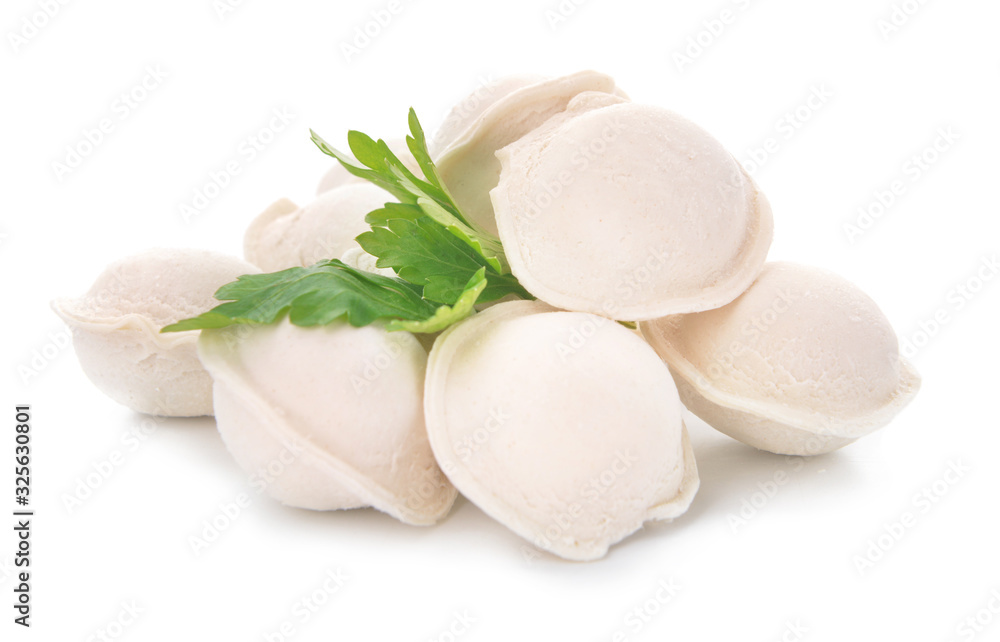 Raw fresh dumplings on white background