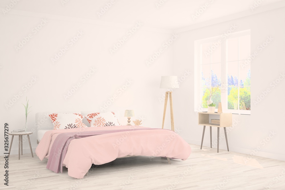 Stylish bedroom in white color. Scandinavian interior design. 3D illustration