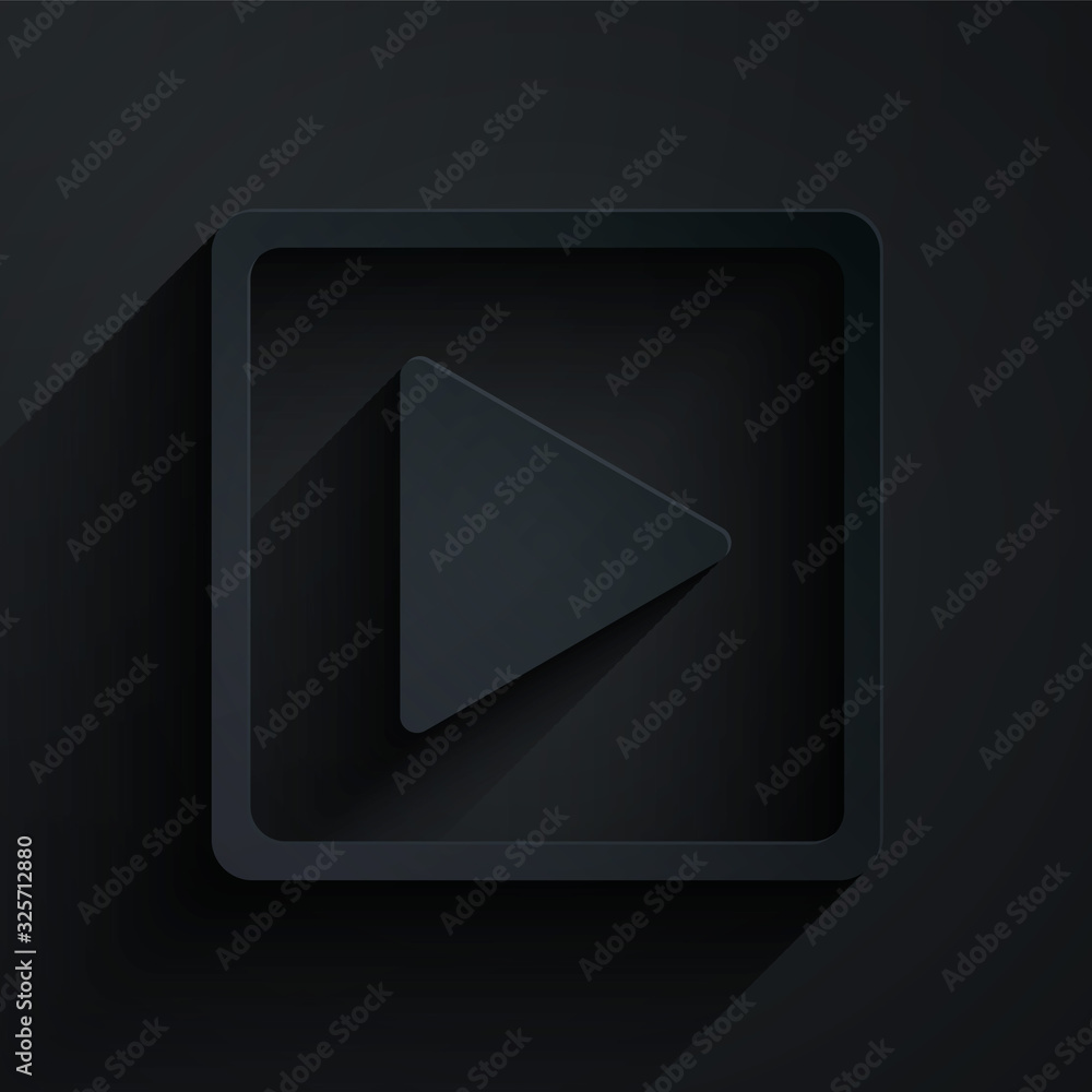 Paper cut Play in square icon isolated on black background. Paper art style. Vector Illustration