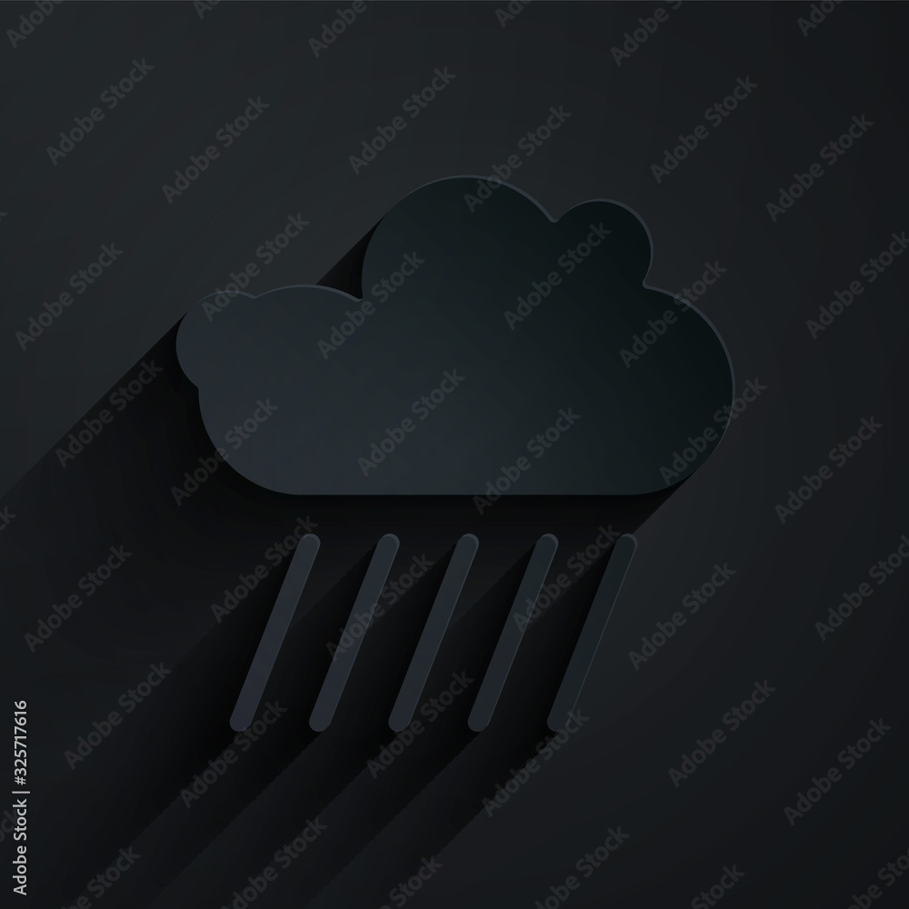 Paper cut Cloud with rain icon isolated on black background. Rain cloud precipitation with rain drop