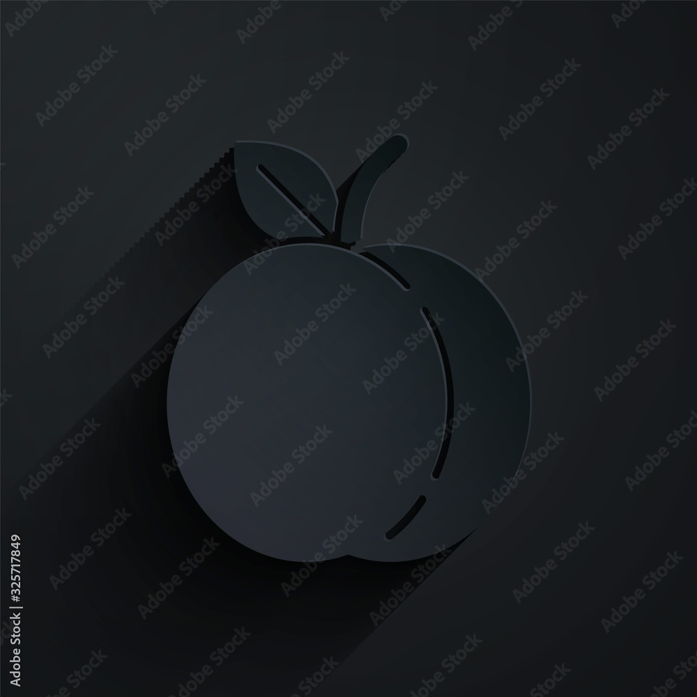 Paper cut Peach fruit or nectarine with leaf icon isolated on black background. Paper art style. Vec