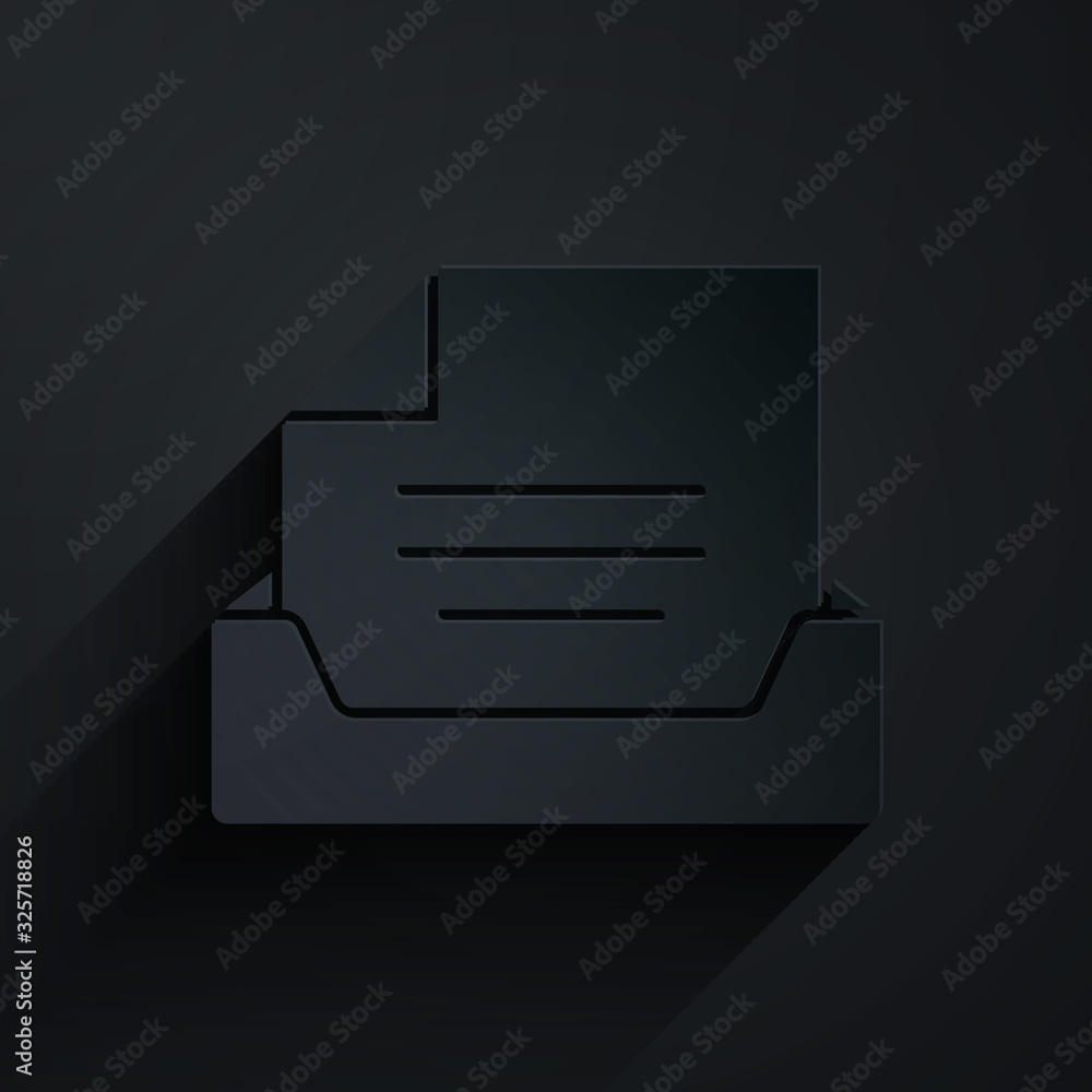 Paper cut Drawer with document icon isolated on black background. Archive papers drawer. File Cabine