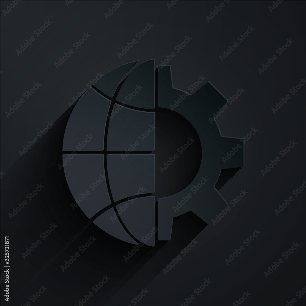 Paper cut Globe of the Earth and gear or cog icon isolated on black background. Setting parameters. 