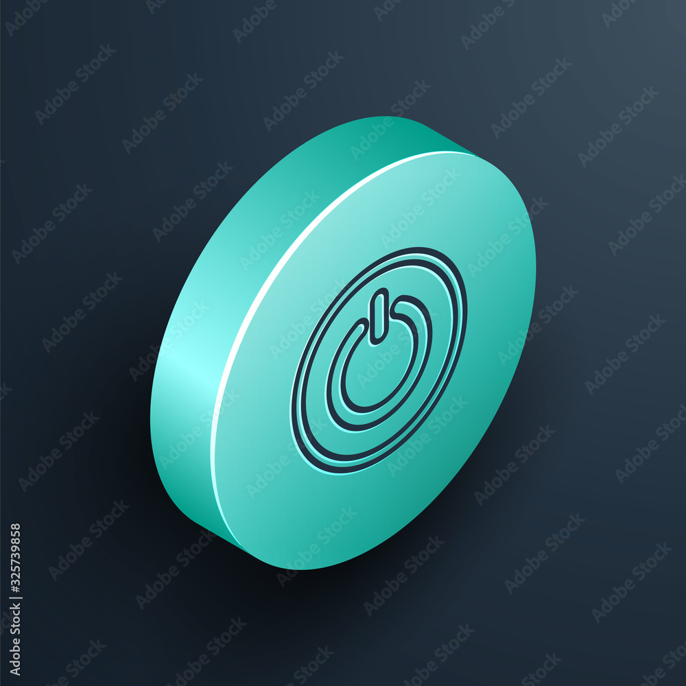 Isometric line Power button icon isolated on black background. Start sign. Turquoise circle button. 