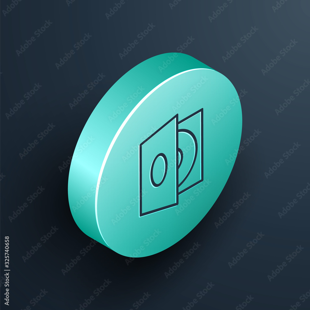 Isometric line Vinyl player with a vinyl disk icon isolated on black background. Turquoise circle bu