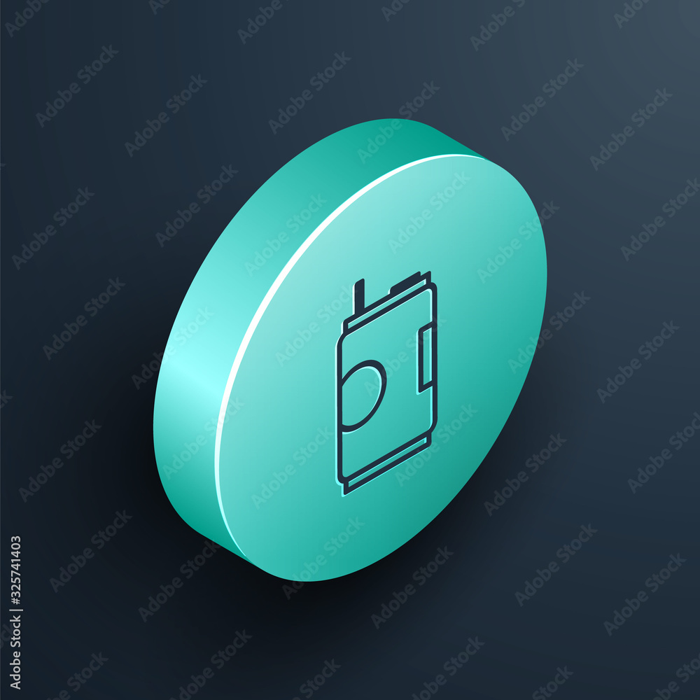 Isometric line Soda can icon isolated on black background. Turquoise circle button. Vector Illustrat