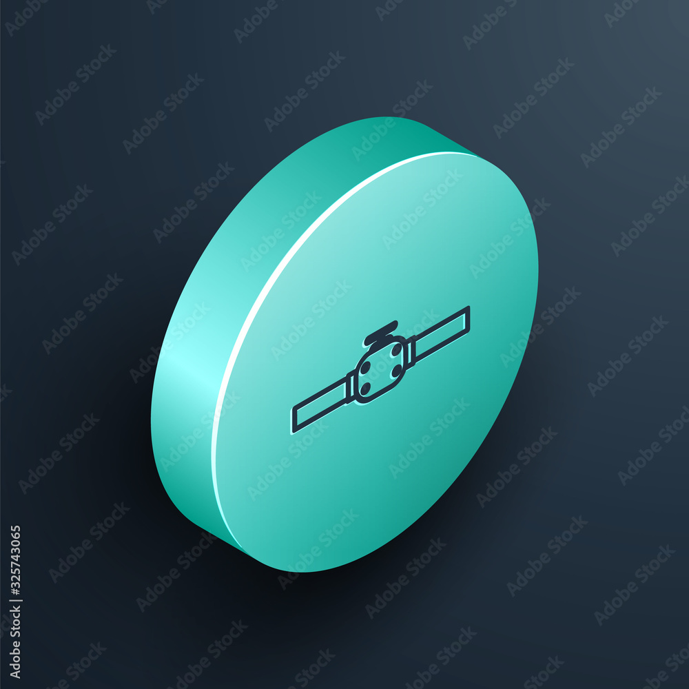 Isometric line Industry metallic pipes and valve icon isolated on black background. Turquoise circle