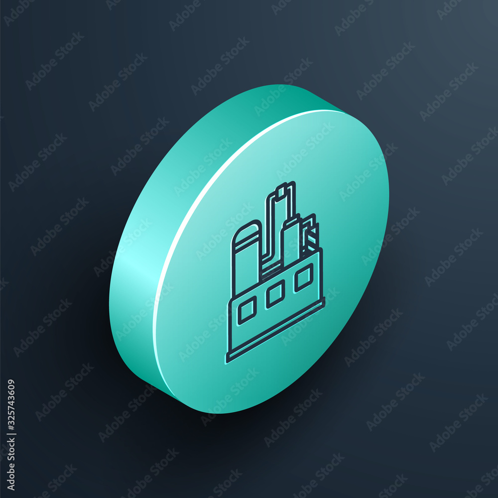 Isometric line Oil and gas industrial factory building icon isolated on black background. Turquoise 