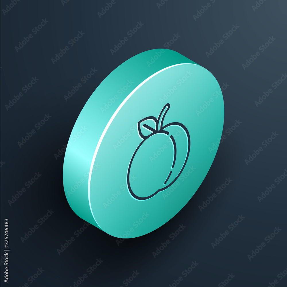 Isometric line Peach fruit or nectarine with leaf icon isolated on black background. Turquoise circl