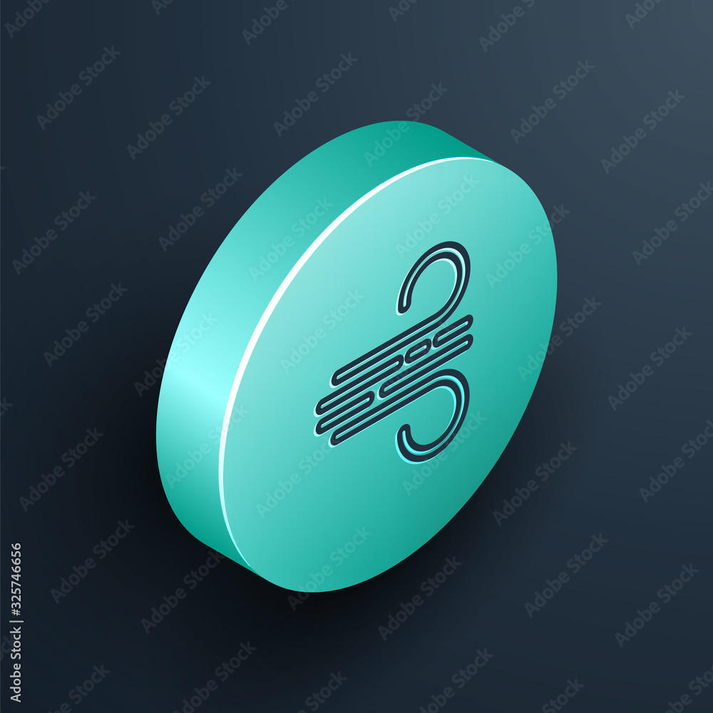 Isometric line Wind icon isolated on black background. Windy weather. Turquoise circle button. Vecto