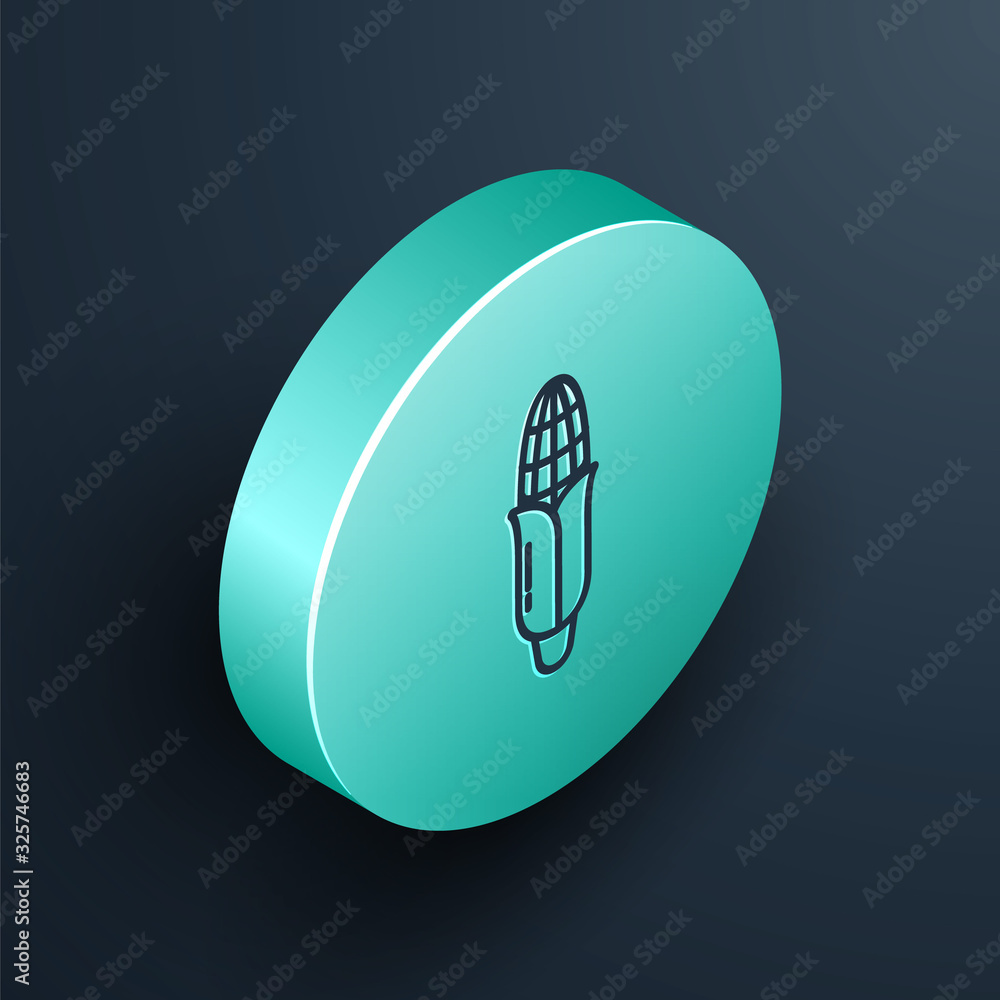 Isometric line Corn icon isolated on black background. Turquoise circle button. Vector Illustration