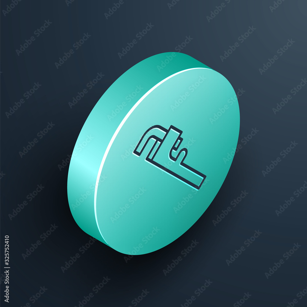 Isometric line Pipe adjustable wrench icon isolated on black background. Turquoise circle button. Ve