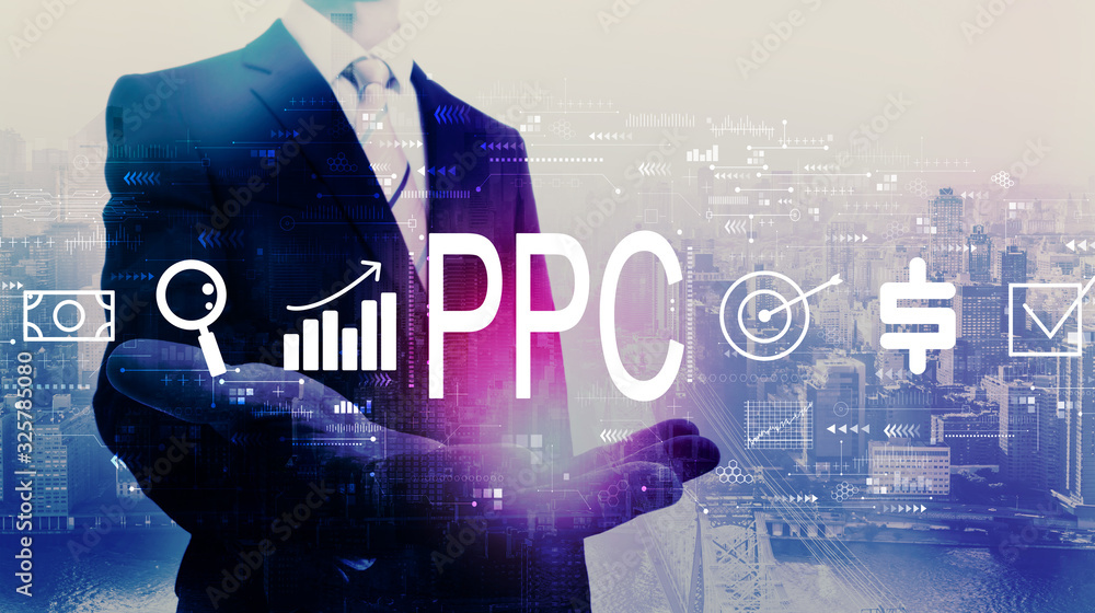 PPC - Pay per click concept with businessman on a city background