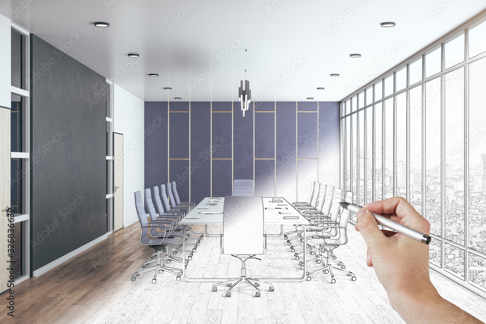 Hand drawing minimalistic conference office interior