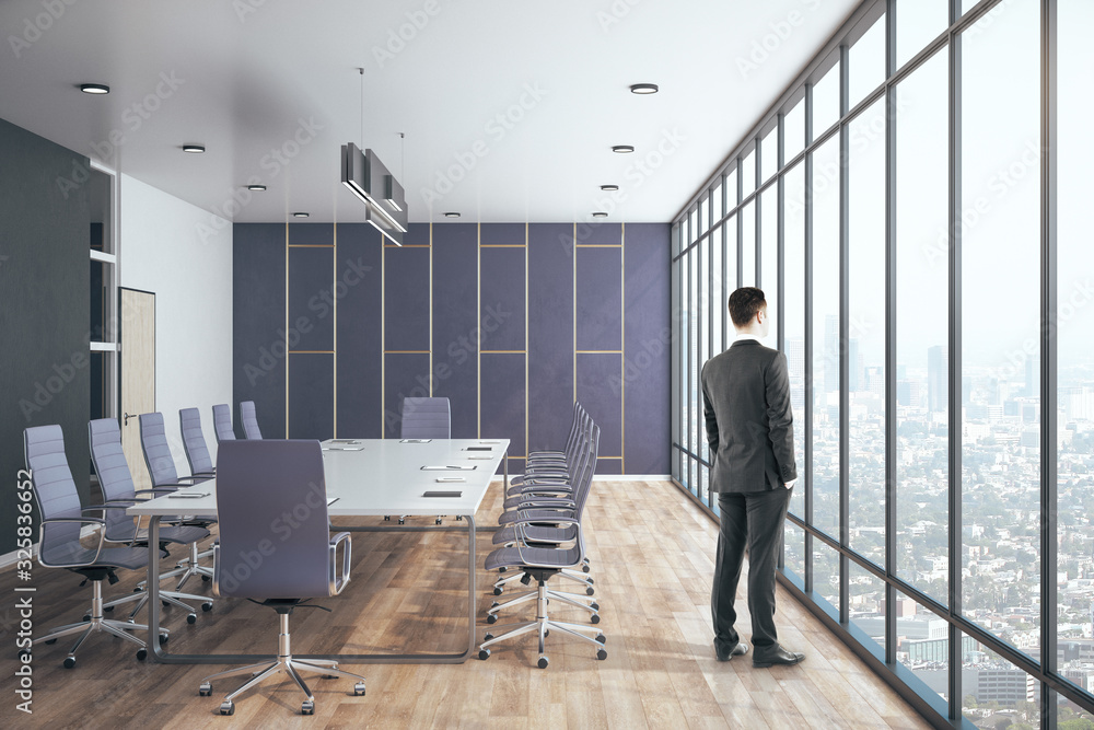 Businessman standing in minimalistic meeting office room