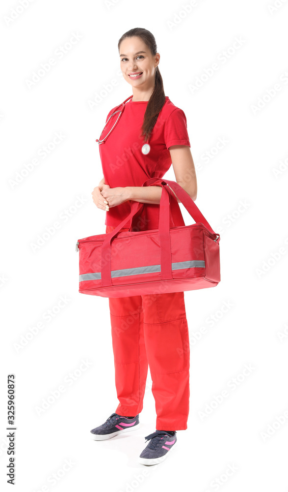 Female paramedic with bag on white background