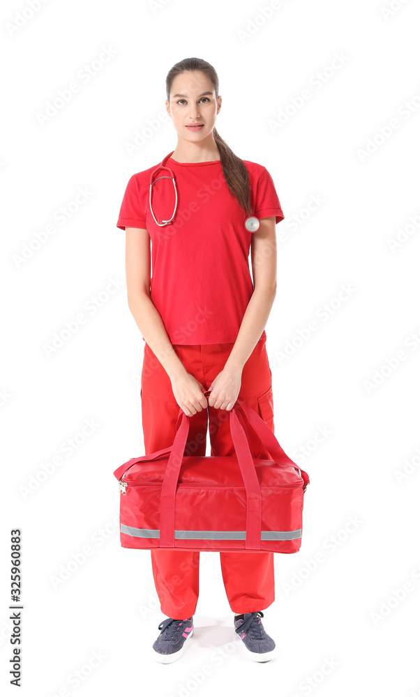 Female paramedic with bag on white background