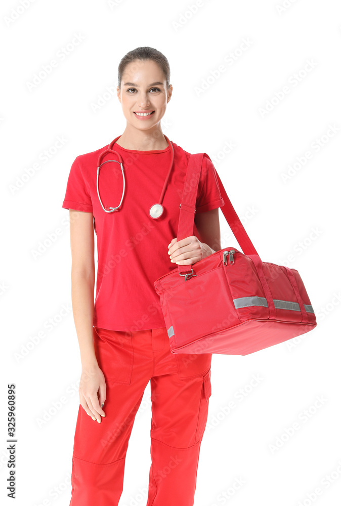 Female paramedic with bag on white background