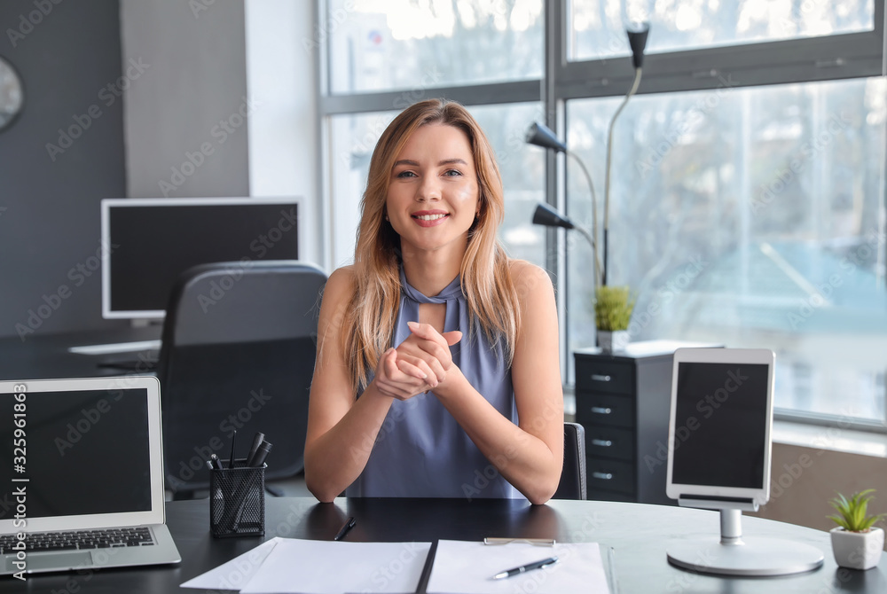 Young woman during job interview in office