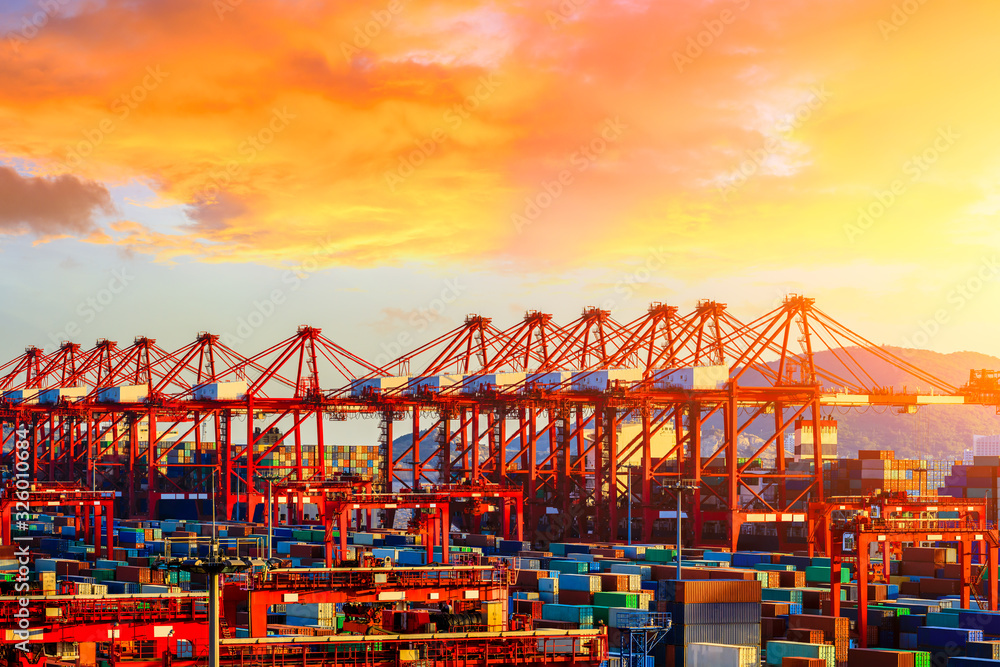 Industrial container freight port at beautiful sunset in Shanghai,China.