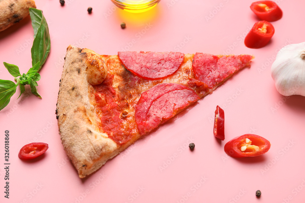 Slice of tasty pizza on color background