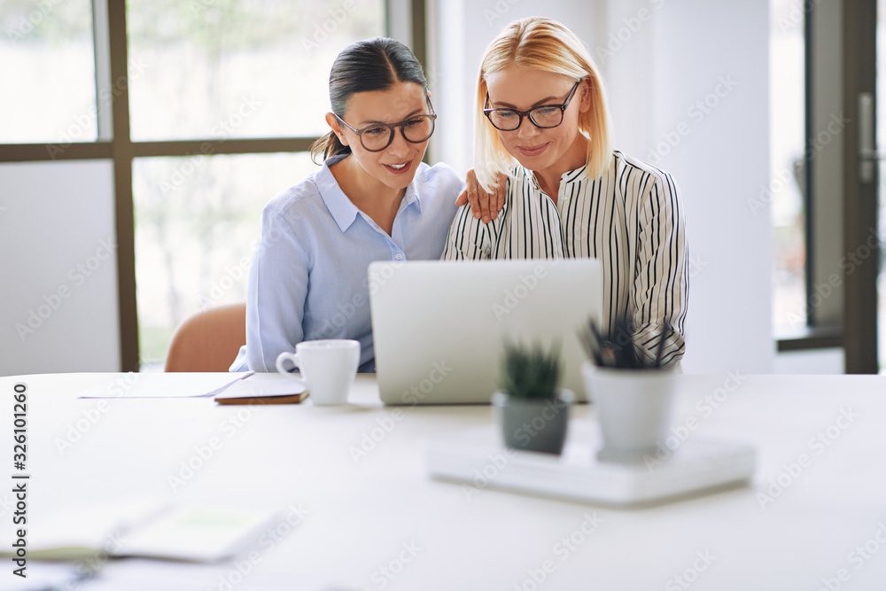 Two smiling businesswomen working on a laptop in an office