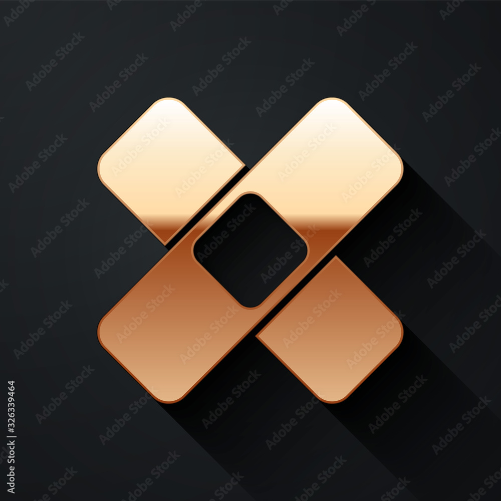 Gold Crossed bandage plaster icon isolated on black background. Medical plaster, adhesive bandage, f