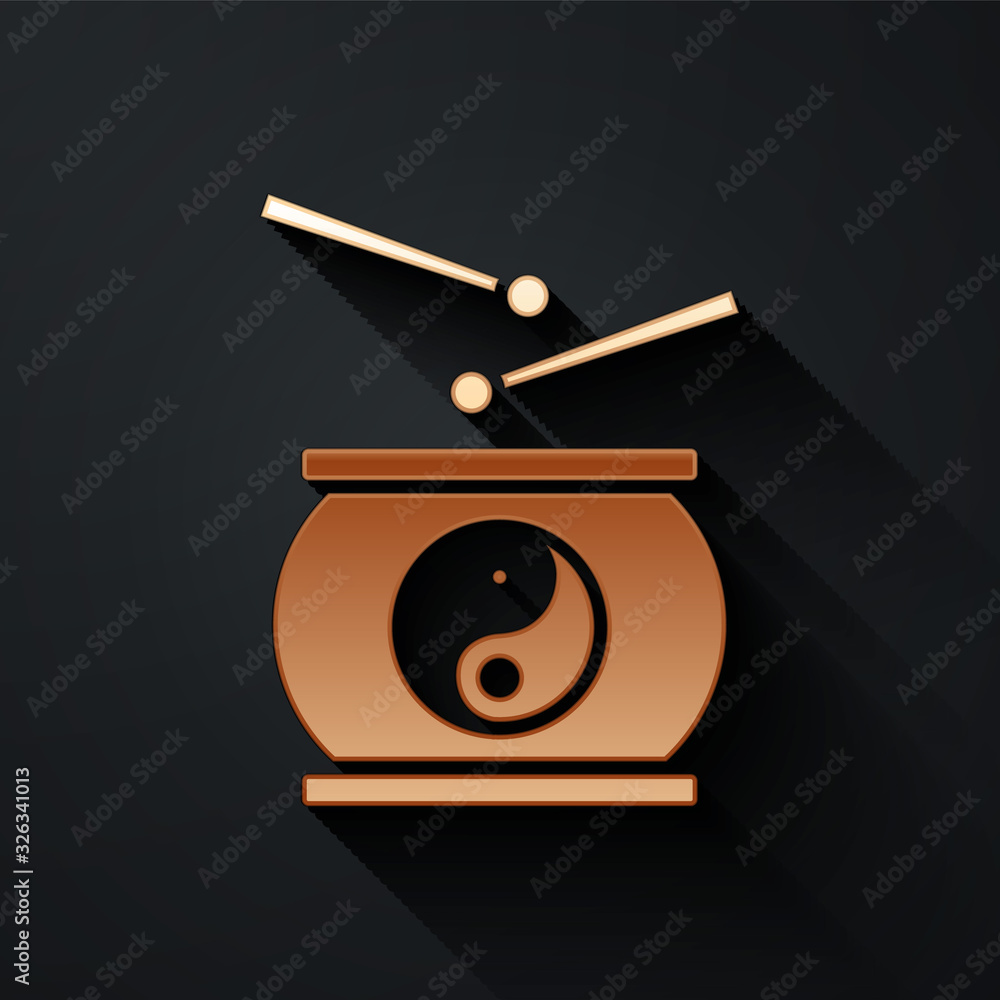 Gold Chinese drum icon isolated on black background. Traditional asian percussion instrument Taiko o