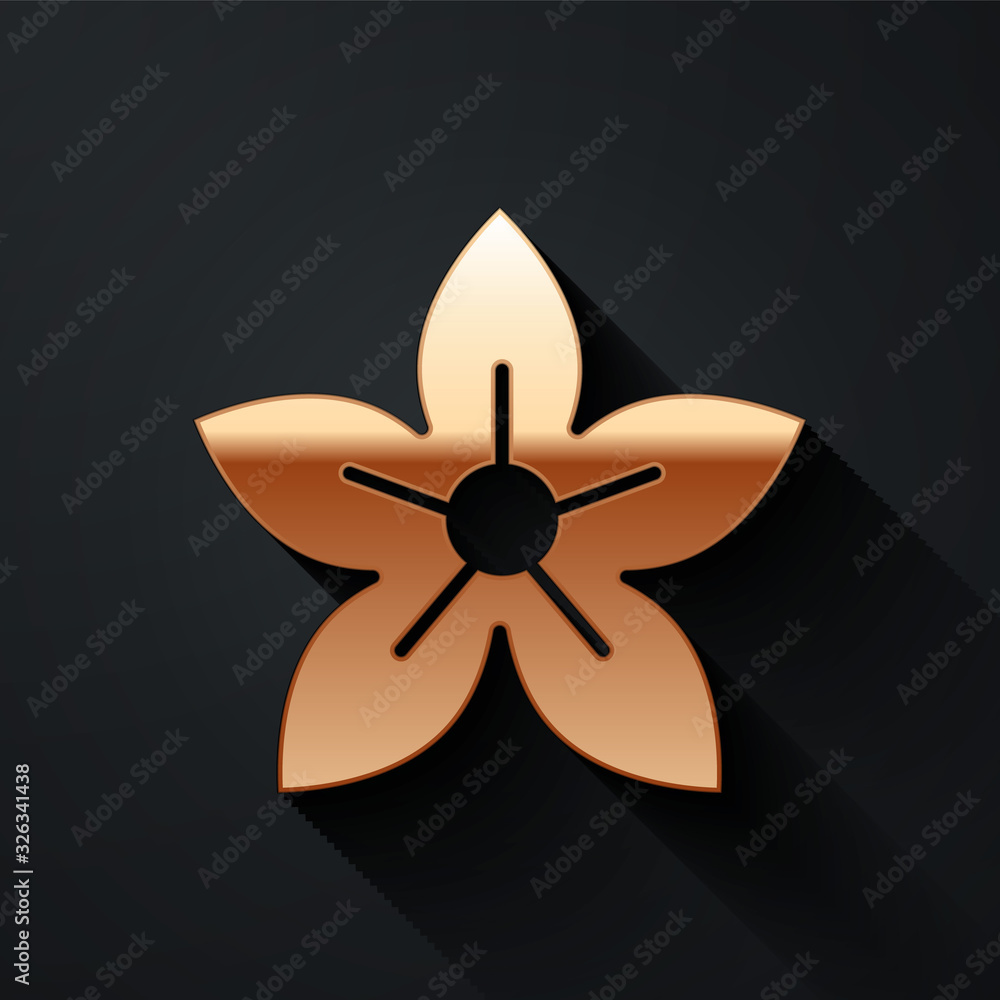 Gold Lotus flower icon isolated on black background. Long shadow style. Vector Illustration