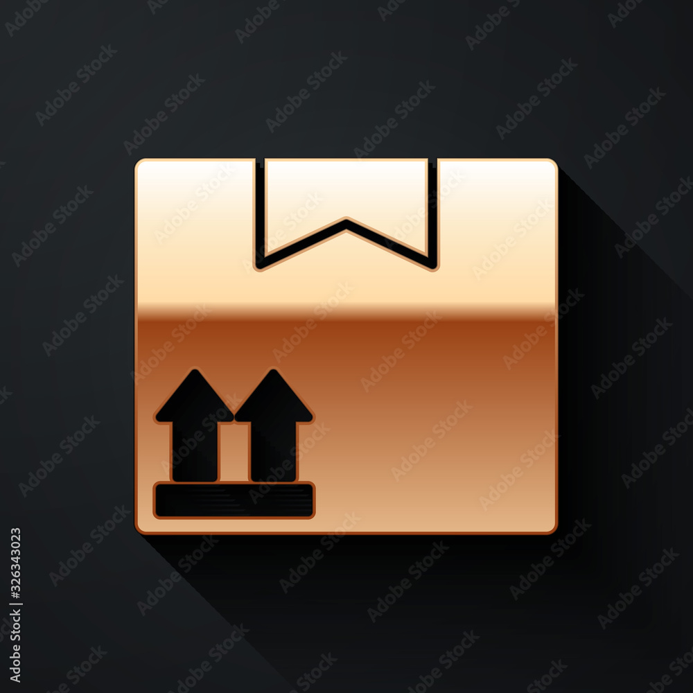 Gold Cardboard box with traffic symbol icon isolated on black background. Box, package, parcel. Deli