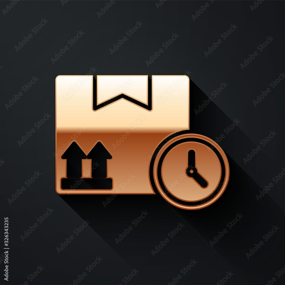 Gold Carton cardboard box and fast time delivery icon isolated on black background. Box, package, pa