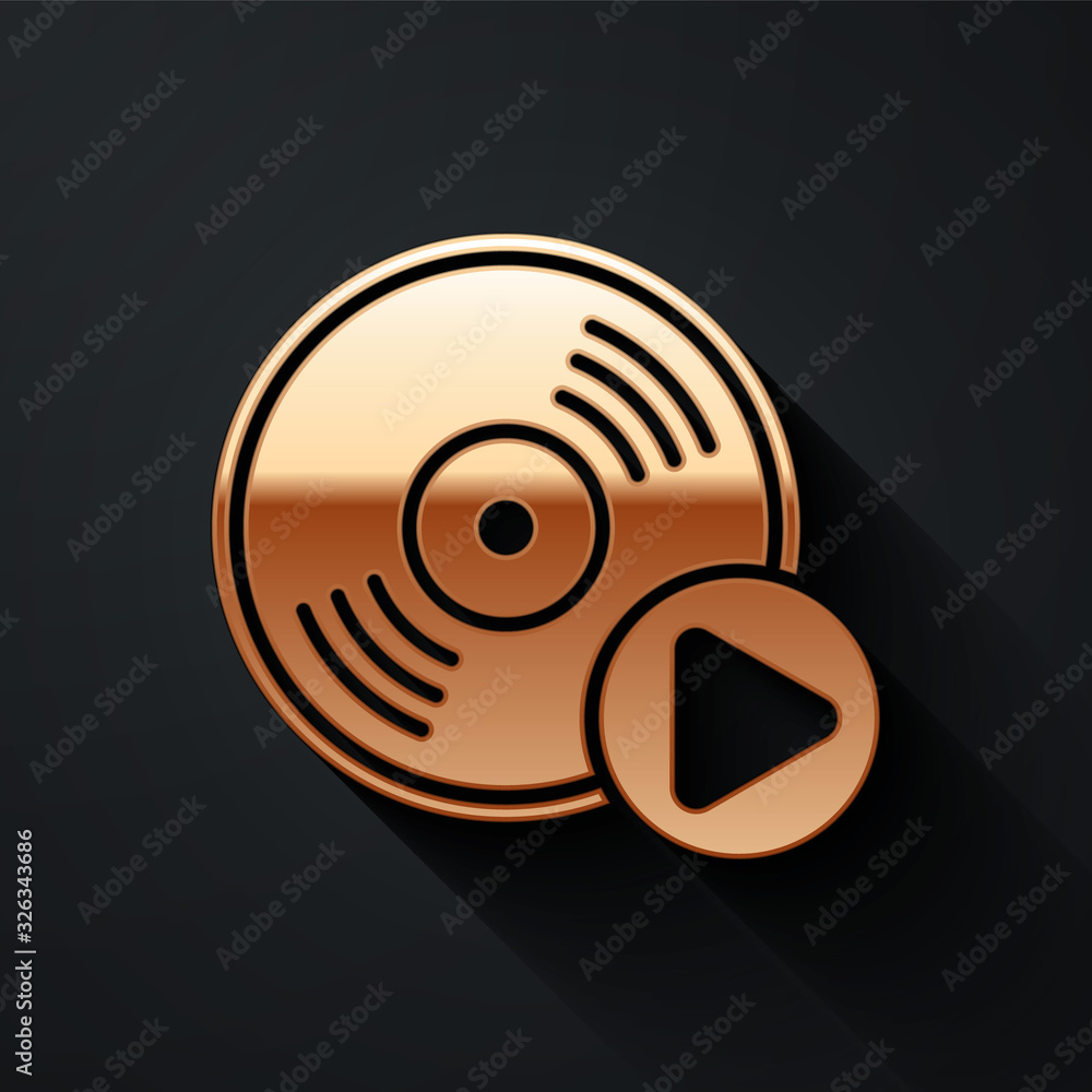 Gold Vinyl disk icon isolated on black background. Long shadow style. Vector Illustration