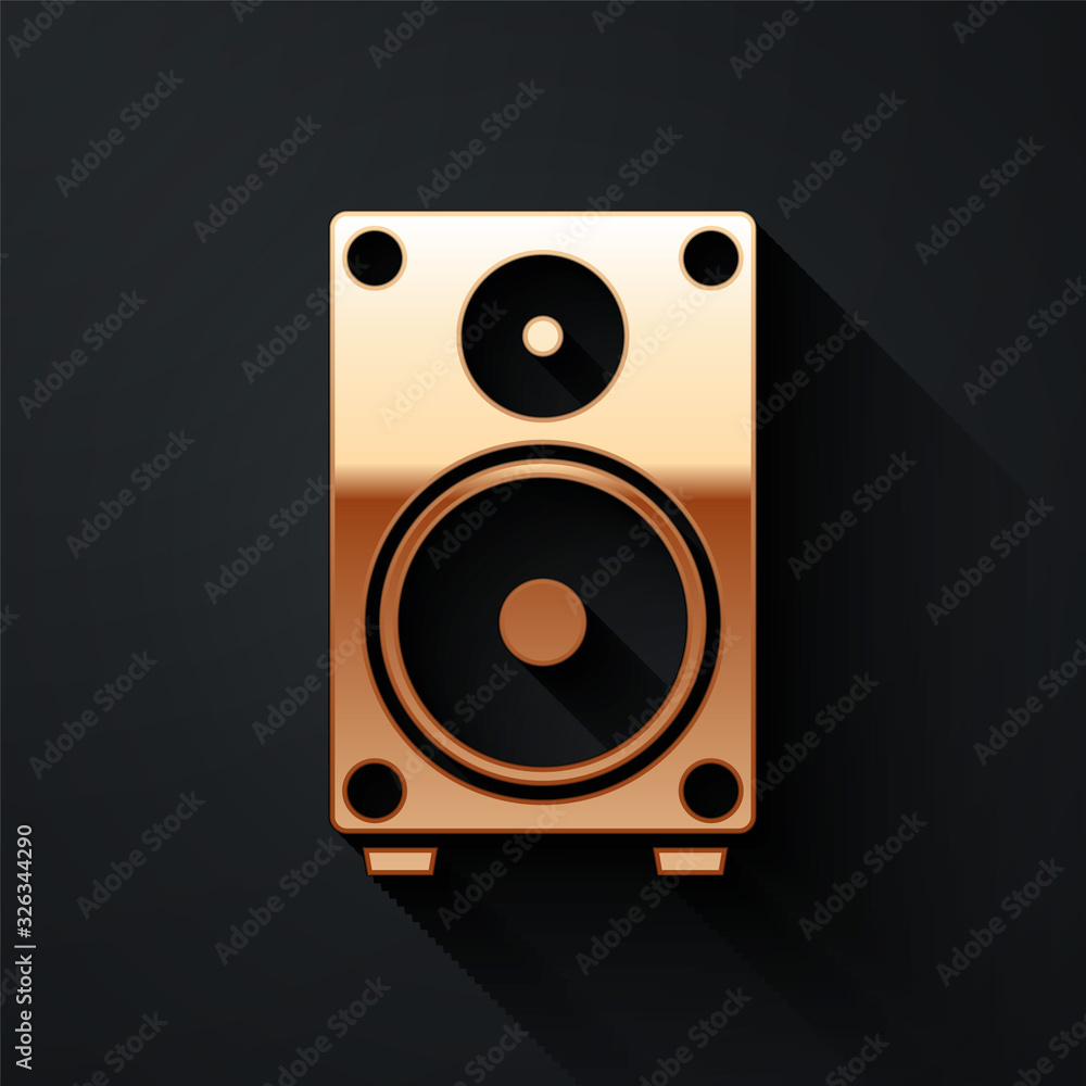 Gold Stereo speaker icon isolated on black background. Sound system speakers. Music icon. Musical co