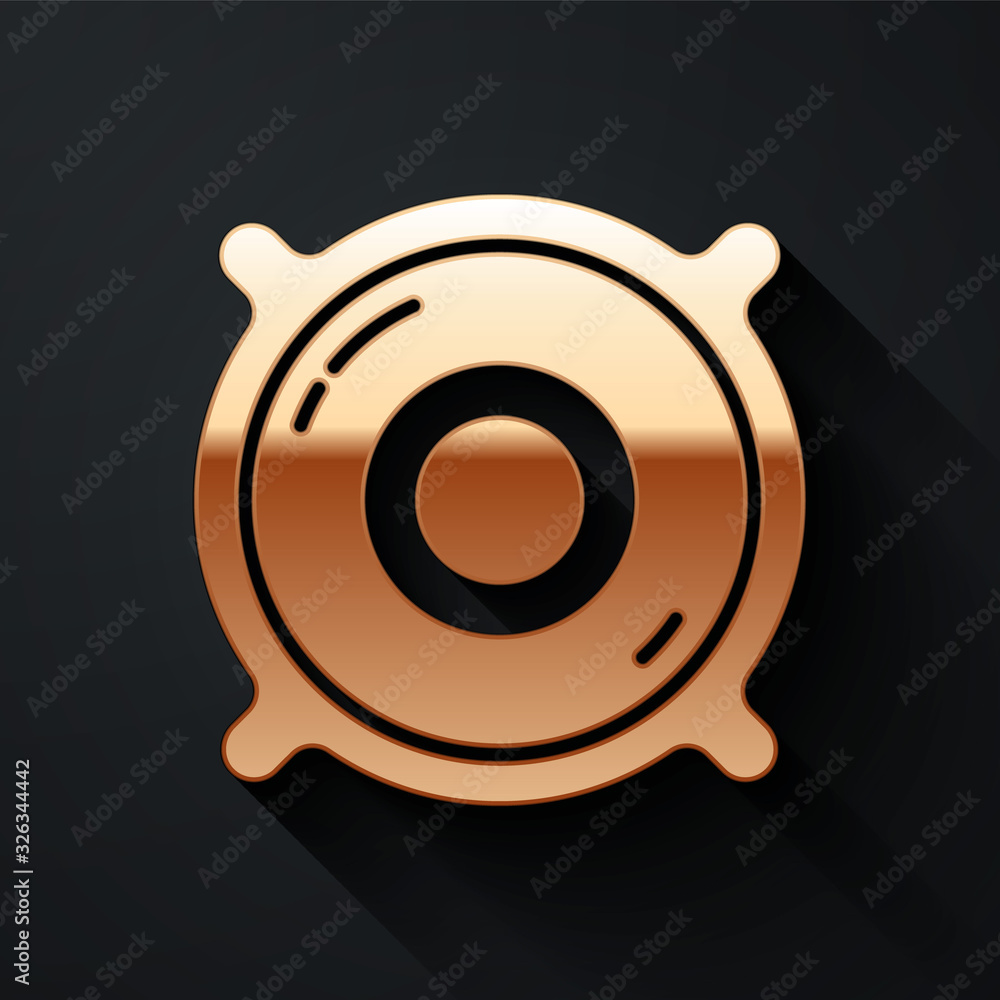 Gold Stereo speaker icon isolated on black background. Sound system speakers. Music icon. Musical co