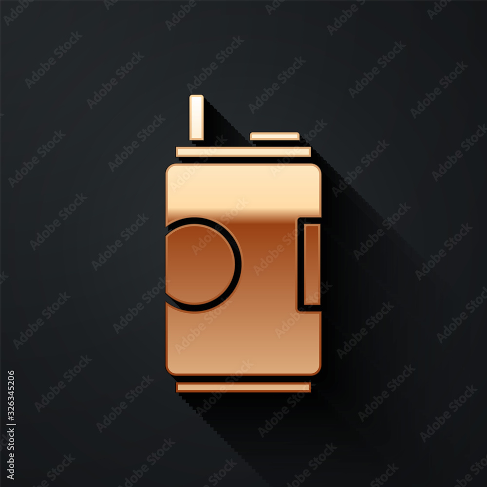 Gold Soda can icon isolated on black background. Long shadow style. Vector Illustration