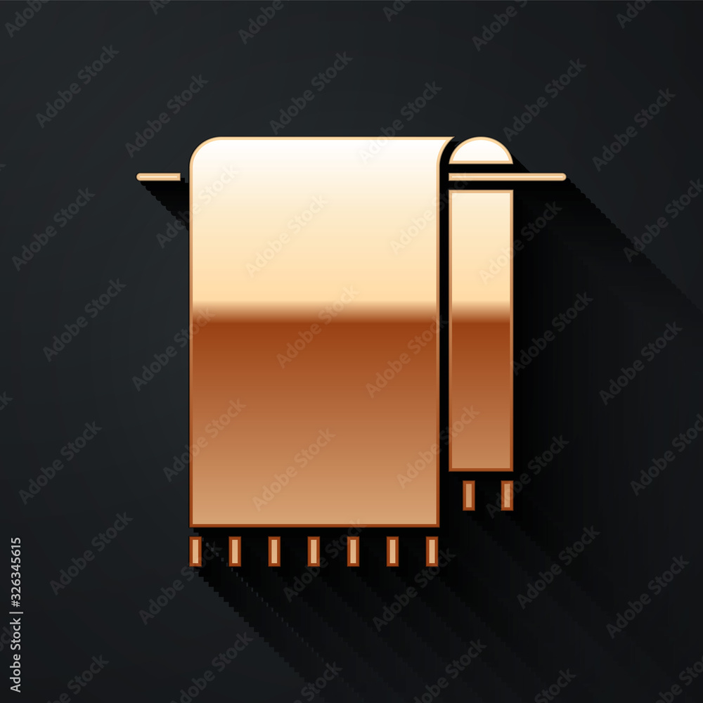 Gold Towel on a hanger icon isolated on black background. Bathroom towel icon. Long shadow style. Ve