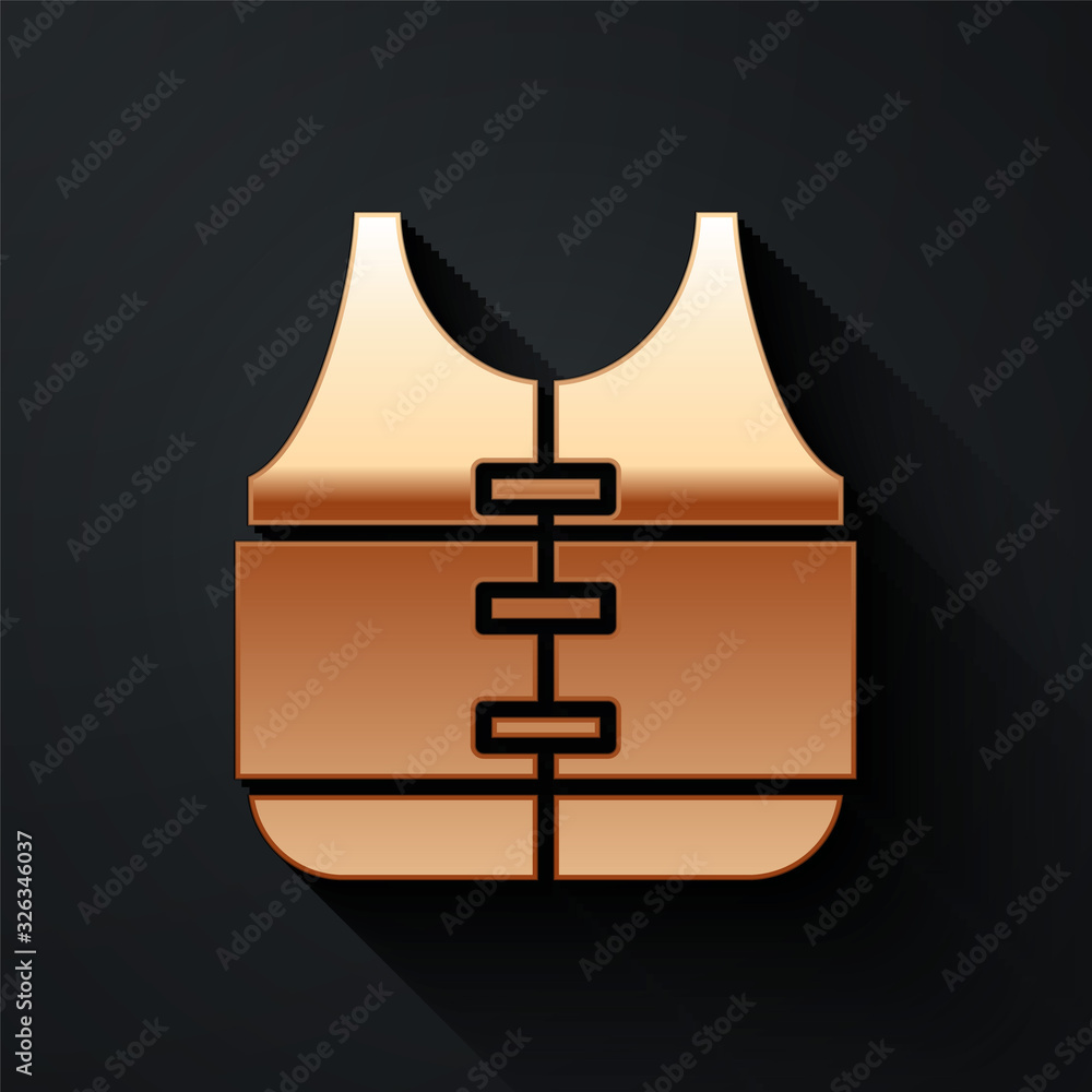 Gold Life jacket icon isolated on black background. Life vest icon. Extreme sport. Sport equipment. 