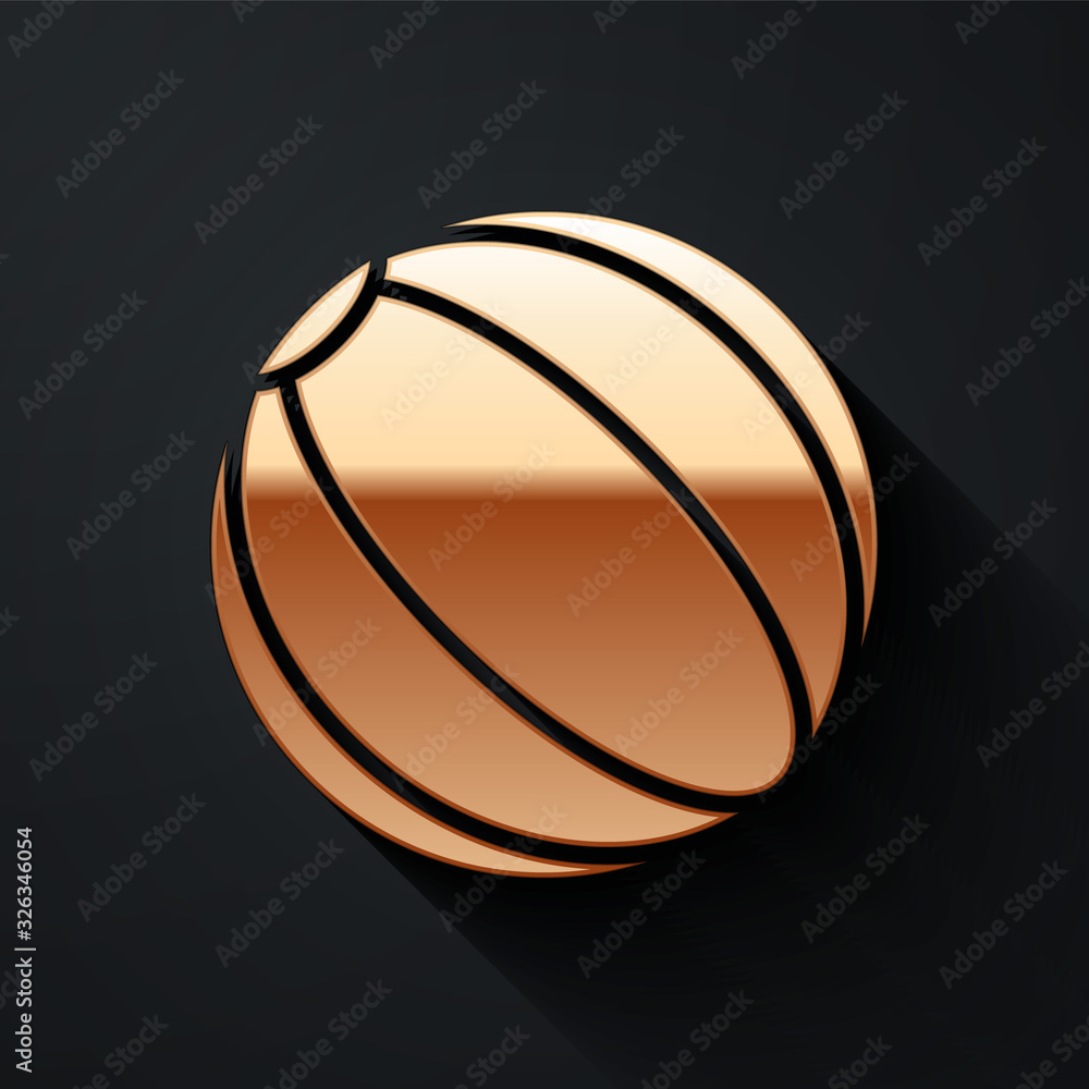 Gold Beach ball icon isolated on black background. Long shadow style. Vector Illustration