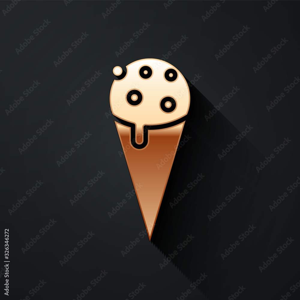 Gold Ice cream in waffle cone icon isolated on black background. Sweet symbol. Long shadow style. Ve