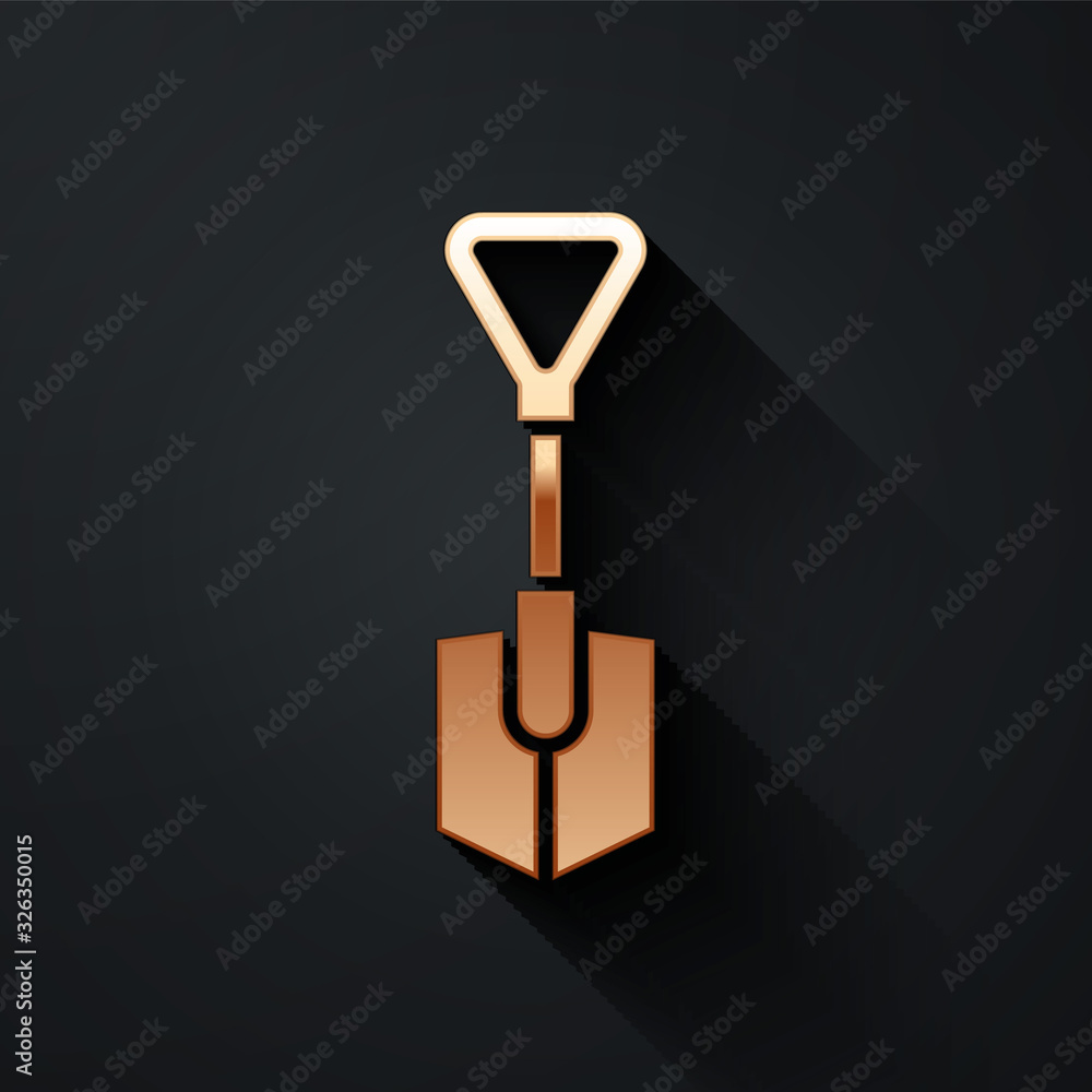 Gold Shovel icon isolated on black background. Gardening tool. Tool for horticulture, agriculture, f