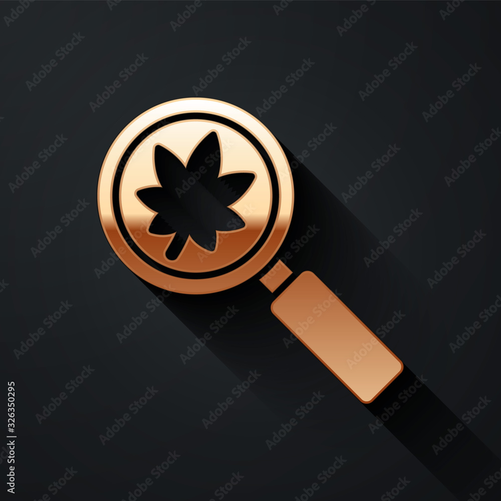 Gold Magnifying glass with leaf icon isolated on black background. Scientific biology, study nature 